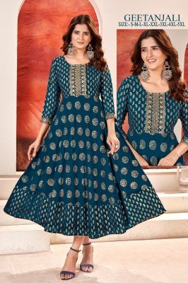 Geetanjali present faux georgette foil gold print with embroidered flared kurti catalogue at wholesale price kurtis catalogs