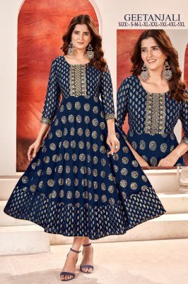 Geetanjali present faux georgette foil gold print with embroidered flared kurti catalogue at wholesale price kurtis catalogs