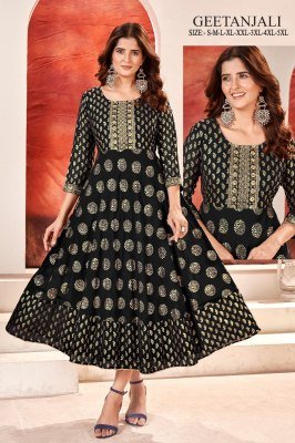 Geetanjali present faux georgette foil gold print with embroidered flared kurti catalogue at wholesale price kurtis catalogs