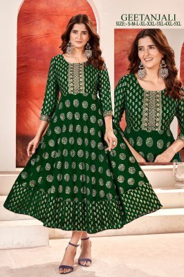 Geetanjali present faux georgette foil gold print with embroidered flared kurti catalogue at wholesale price kurtis catalogs