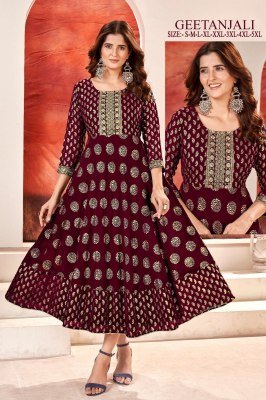 Geetanjali present faux georgette foil gold print with embroidered flared kurti catalogue at wholesale price kurtis catalogs