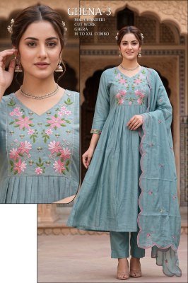 Ghena Mull Chanderi Full Ghera 3-Piece Suit with Cutwork Dupatta  Size wise Combo Set