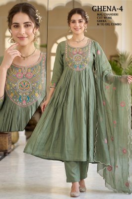 Ghena Mull Chanderi Full Ghera 3-Piece Suit with Cutwork Dupatta  Size wise Combo Set