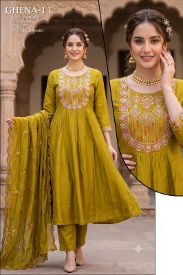 Ghena Mull Chanderi Full Ghera 3-Piece Suit with Cutwork Dupatta  Size wise Combo Set