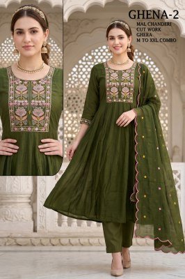Ghena Mull Chanderi Full Ghera 3-Piece Suit with Cutwork Dupatta  Size wise Combo Set