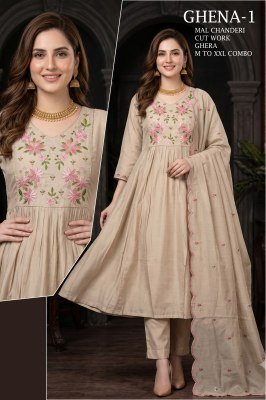 Ghena Mull Chanderi Full Ghera 3-Piece Suit with Cutwork Dupatta  Size wise Combo Set