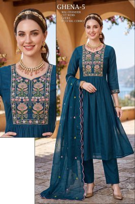 Ghena Mull Chanderi Full Ghera 3-Piece Suit with Cutwork Dupatta  Size wise Combo Set