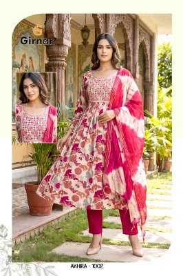 Girnar Akhira Vol 1 Vertican Foil Umbrella Cut Kurti Pant with Chanderi Dupatta Set kurti pant with dupatta Catalogs