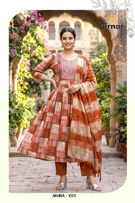 Girnar Akhira Vol 1 Vertican Foil Umbrella Cut Kurti Pant with Chanderi Dupatta Set kurti pant with dupatta Catalogs