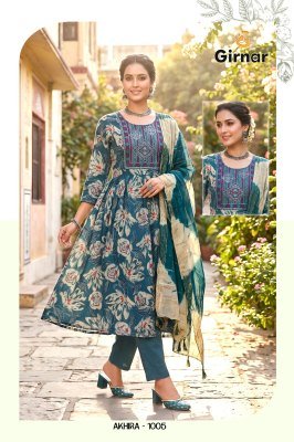 Girnar Akhira Vol 1 Vertican Foil Umbrella Cut Kurti Pant with Chanderi Dupatta Set kurti pant with dupatta Catalogs