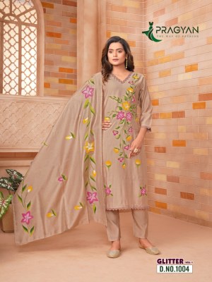 Glitter vol 1 by Pragyan Roman silk brush printed kurti pant with dupatta catalogue at affordable rate readymade suit catalogs