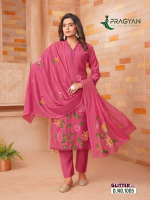 Glitter vol 1 by Pragyan Roman silk brush printed kurti pant with dupatta catalogue at affordable rate readymade suit catalogs
