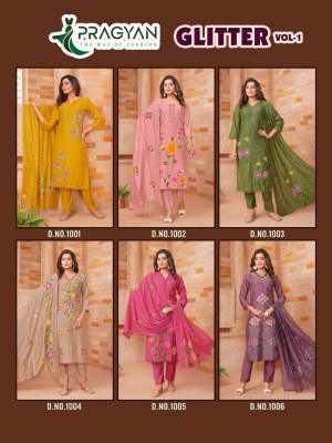 Glitter vol 1 by Pragyan Roman silk brush printed kurti pant with dupatta catalogue at affordable rate readymade suit catalogs