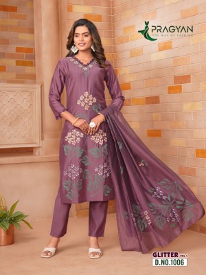 Glitter vol 1 by Pragyan Roman silk brush printed kurti pant with dupatta catalogue at affordable rate readymade suit catalogs
