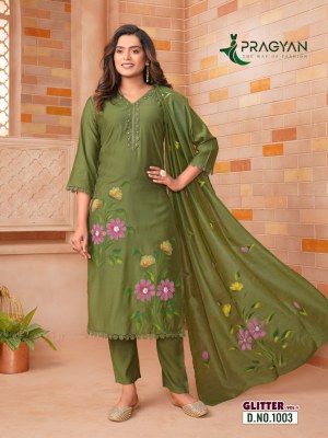 Glitter vol 1 by Pragyan Roman silk brush printed kurti pant with dupatta catalogue at affordable rate readymade suit catalogs