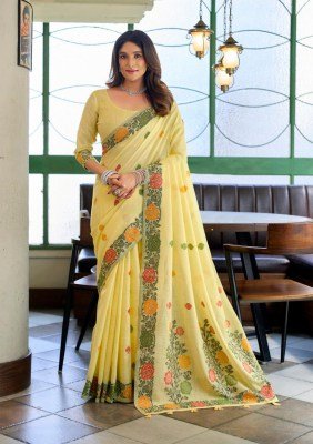 Gobuni Suman Linen Jacquard Handloom Saree with Fancy Tassels sarees catalogs