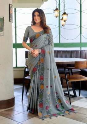 Gobuni Suman Linen Jacquard Handloom Saree with Fancy Tassels sarees catalogs