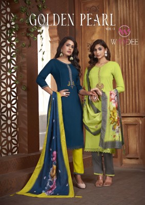 Golden pearl vol 3 by Woodee Premium reyon fancy kurti pant and dupatta catalog at amaviexpo Amavi