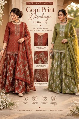 Gopi Discharge Print 3-Piece Cotton Taj Suit with Yoke and Heavy Flair Bottom wholesale catalogs
