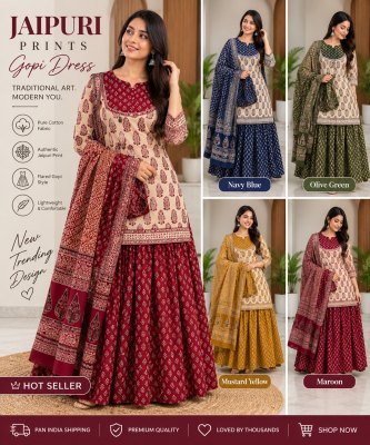 Gopi Dress 3-Piece Pure Cotton Short Kurti Flared Skirt Dupatta Set 