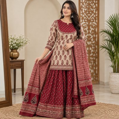 Gopi Dress 3-Piece Pure Cotton Short Kurti Flared Skirt Dupatta Set lehenga choli