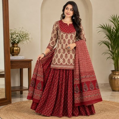 Gopi Dress 3-Piece Pure Cotton Short Kurti Flared Skirt Dupatta Set lehenga choli