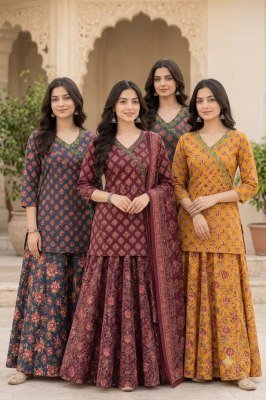 Gopi Dress Premium Pure Cotton Angrakha Short Kurti Skirt Dupatta 3 Piece Set wholesale catalogs