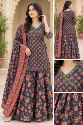 Gopi Dress Premium Pure Cotton Angrakha Short Kurti Skirt Dupatta 3 Piece Set readymade suit catalogs