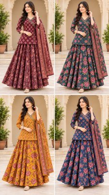 Gopi Dress Premium Pure Cotton Angrakha Short Kurti Skirt Dupatta 3 Piece Set readymade suit catalogs