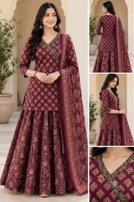 Gopi Dress Premium Pure Cotton Angrakha Short Kurti Skirt Dupatta 3 Piece Set readymade suit catalogs