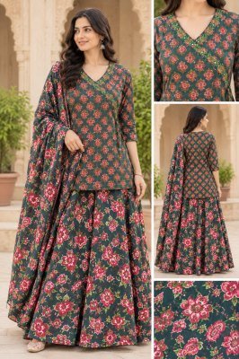Gopi Dress Premium Pure Cotton Angrakha Short Kurti Skirt Dupatta 3 Piece Set readymade suit catalogs