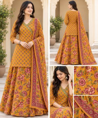 Gopi Dress Premium Pure Cotton Angrakha Short Kurti Skirt Dupatta 3 Piece Set readymade suit catalogs
