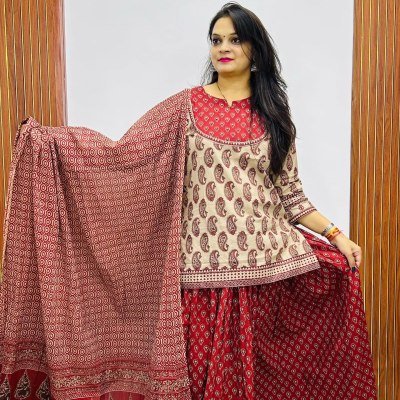 Gopi Dress Pure Cotton Short Kurti Flared Skirt Dupatta 3-Piece Set   Size wise Combo Set