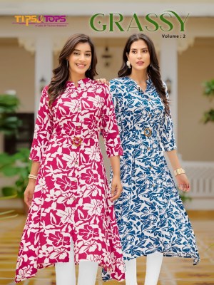 Graccy vol 02 by tips and tops heavy reyon printed Aline with belt kurti collection Tips and tops