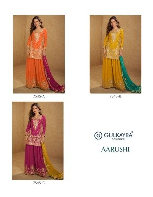Gulkayra Designer Aarushi Unstitched Suit Set Real Chinon Top  Dupatta And Plazzo with Premium Embroidery And Handwork Wholesale dress material catalogs