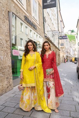 Gulkayra Designer Rashmika Festive Special Real Chinon Embroidered Palazzo Suit with Digital Tabi Silk Dupatta Wholesale kurtis catalogs