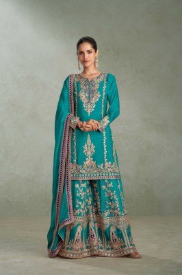 Gulkayra Designer Vibhuti Real Chinon Suit Set with Embroidery And Handwork Kurti Palazzo And Dupatta Wholesale kurti pant with dupatta Catalogs