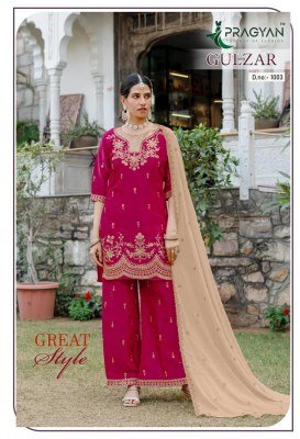 Gulzar Vol 1 by Pragyan Premium Glass Roman Silk 3-Piece Suit Set readymade suit catalogs