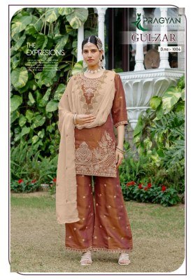 Gulzar Vol 1 by Pragyan Premium Glass Roman Silk 3-Piece Suit Set readymade suit catalogs