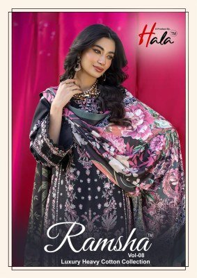 Hala Ramsha Vol-8 Heavy Cotton Print Karachi Dress Material with Heavy Mal Mal Dupatta 