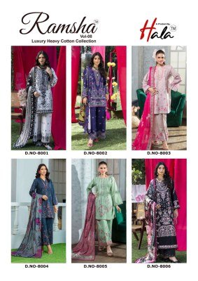 Hala Ramsha Vol-8 Heavy Cotton Print Karachi Dress Material with Heavy Mal Mal Dupatta dress material catalogs