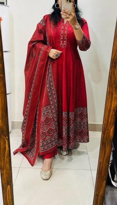 Heavy Flared Anarkali Suit Pure Cotton 60-60 Ajrakh Hand Block Print with Mirror Work 