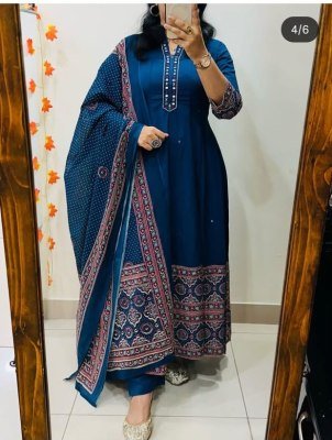 Heavy Flared Anarkali Suit Pure Cotton 60-60 Ajrakh Hand Block Print with Mirror Work fancy Anarkali suit catalogs