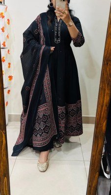Heavy Flared Anarkali Suit Pure Cotton 60-60 Ajrakh Hand Block Print with Mirror Work fancy Anarkali suit catalogs