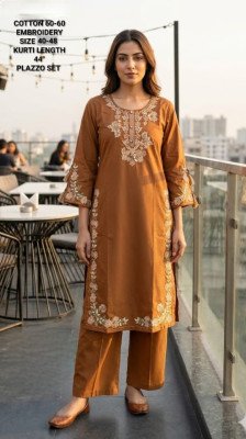 Heavy Work 2-Piece Cotton Kurti Palazzo Set with Heavy Embroidery Work wholesale catalogs
