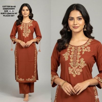 Heavy Work 2-Piece Cotton Kurti Palazzo Set with Heavy Embroidery Work Size wise Combo Set