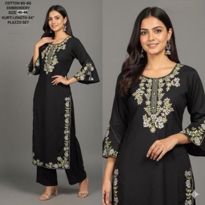 Heavy Work 2-Piece Cotton Kurti Palazzo Set with Heavy Embroidery Work Size wise Combo Set