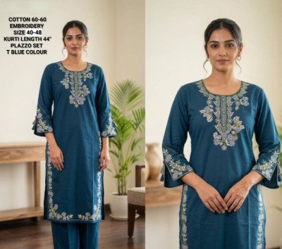 Heavy Work 2-Piece Cotton Kurti Palazzo Set with Heavy Embroidery Work Size wise Combo Set