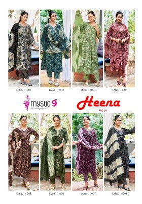 Heena vol 4 by Mystic 9 premium quality reyon foil printed kurti pant and dupatta catalogue at low rate readymade suit catalogs