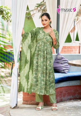 Heena vol 4 by Mystic 9 premium quality reyon foil printed kurti pant and dupatta catalogue at low rate readymade suit catalogs